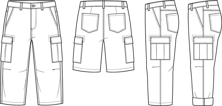 Men cargo pants and shorts technical flat sketch vector template for streetwear apparel fashion design mockup