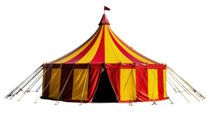 Red and yellow striped circus tent with ropes and flag © Laura
