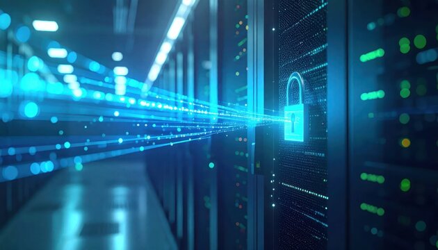 Secure server room with glowing blue digital padlock.