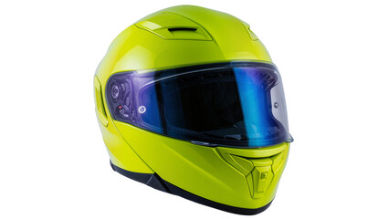 Fototapeta premium Lime green full face motorcycle helmet with blue mirrored visor