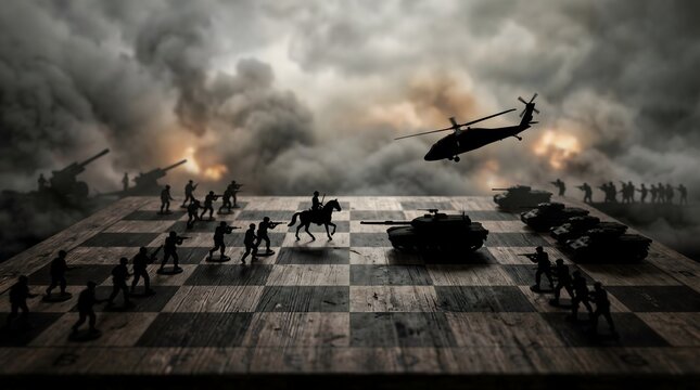 Soldiers and tanks fighting on a chessboard representing war strategy