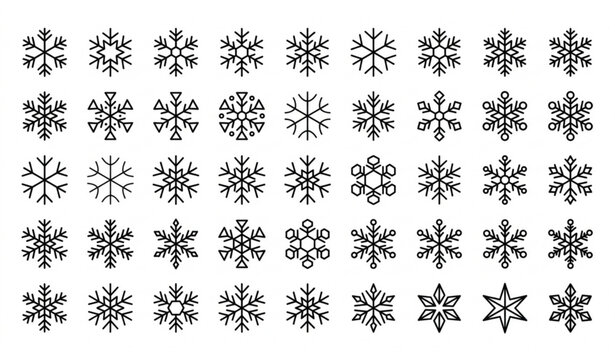 Variety of black and white linear snowflake illustrations collection