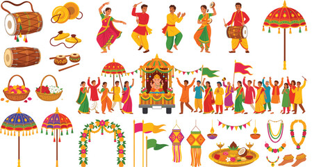 Fototapeta premium Traditional Indian ganesh chaturthi festival procession elements and happy street dance group celebration scenes vector illustration set