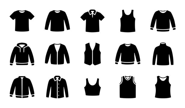Clothing icons set t shirts hoodies jackets and more vector illustration