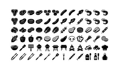 Barbecue food and utensil icons set black and white vector graphics © Nahid