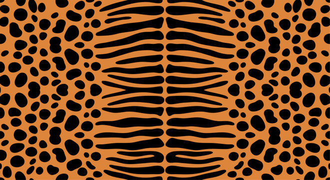Animal print pattern with tiger stripes and leopard spots, vector illustration.