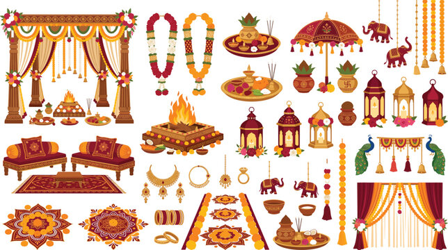 Traditional Indian wedding mandap ritual items and premium marriage ceremony festive decoration elements vector illustration set