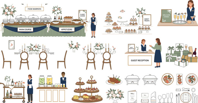 Western style wedding reception catering elements and luxury event banquet buffet hospitality service vector illustration set