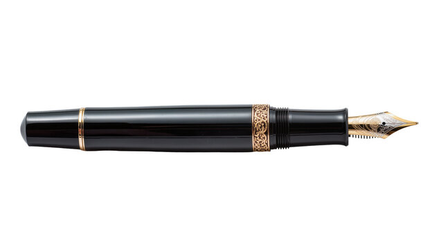 Elegant black fountain pen with gold trim and nib, isolated on transparent background