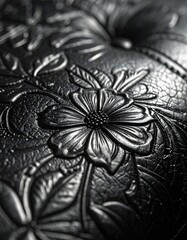 Naklejka premium Close-up of an embossed black leather with floral patterns, highlighting texture and detail.