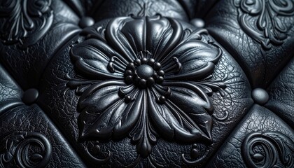 Naklejka premium Close-up of a dark, ornate tufted leather surface with floral embossed details.