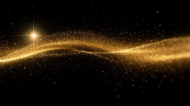 Abstract wave of glowing gold particles flowing smoothly with sparkling light effects on dark background for luxury celebration and festive design