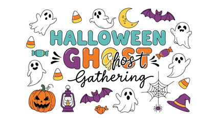 Fototapeta premium Halloween Ghost Gathering: A vibrant and playful collection of hand-drawn illustrations depicting ghosts, pumpkins, bats, candy corn, and a witch's hat.