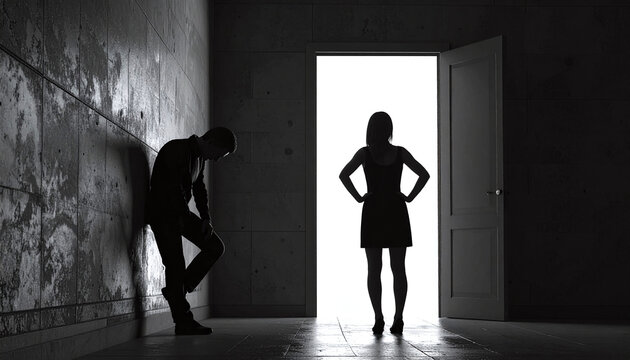 Dramatic black and white silhouette of a couple experiencing a painful breakup, representing emotional separation, sadness, and hope as one departs towards a bright open doorway.