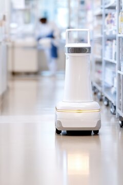 Medical service robot in hospital corridor for healthcare automation presentation and background design