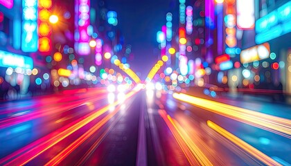 Obraz premium Blurred neon lights and light trails of a city street at night.