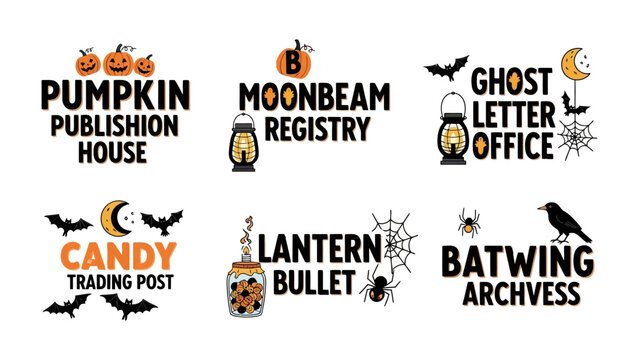 Halloween-Themed Business Logos: A collection of six distinct, playful logos with a Halloween theme, featuring pumpkins, ghosts, bats, and spiders, designed for various fictional businesses.