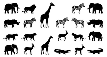 Wild Animal Silhouettes Collection Featuring Elephant Lion Giraffe Zebra and Crocodile © Boloram