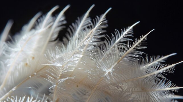 White feather barb structure macro on black background