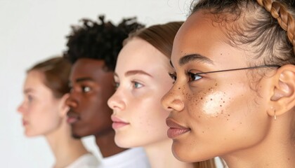 Fototapeta premium Side profiles of four diverse people in a row