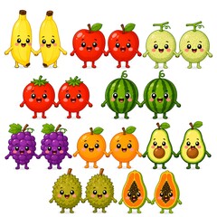 Obraz premium Kawaii Fruit Mascots Holding Hands Vector Style Illustration