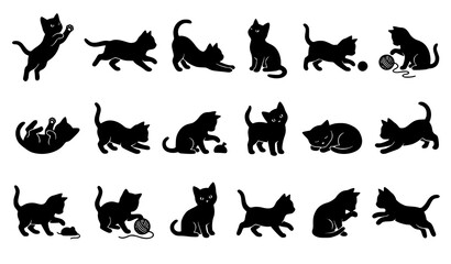 Obraz premium Cute Playful Kitten Silhouettes Vector Set with Cats Running Jumping Sitting and Playing