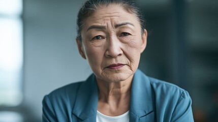 Obraz premium Workplace Ageism Senior Chinese Woman Reflective Hurt