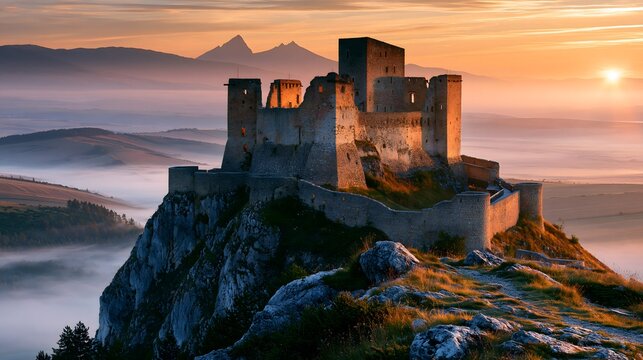 Medieval Majesty: The Ruins of Spi&scaron; Castle Perched atop a Limestone Hill Amidst Misty Slovakian Highlands at Sunrise