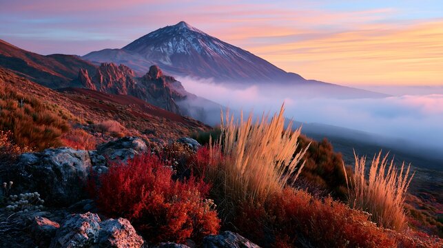 Volcanic Majesty: Mount Teide Rising Above a Sea of Clouds at Sunrise in Teide National Park, Tenerife