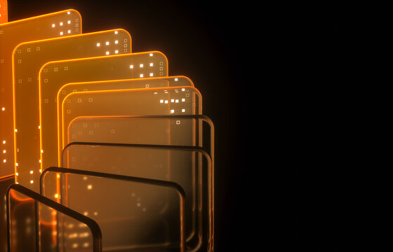 Circular orange tech server network with glowing glass plates, 3d rendering.