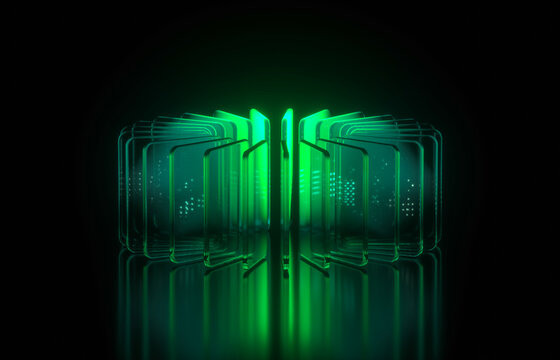 Circular green tech server network with glowing glass plates, 3d rendering.