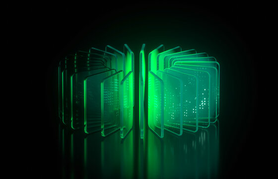 Circular green tech server network with glowing glass plates, 3d rendering.