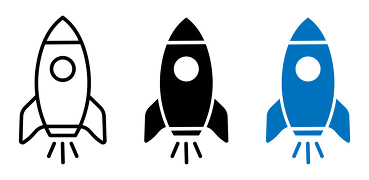 Set of three rocket ship icons in outline solid and blue color styles for technology and startup business design