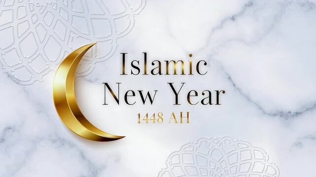 Islamic New Year 1448 AH Golden Crescent with Geometric Patterns Highlighting Hijri Calendar Celebration and Faith