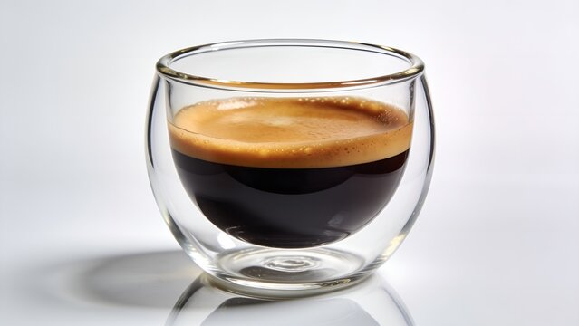 Freshly brewed aromatic espresso coffee served in a modern transparent double walled glass cup isolated against a bright white background captured with soft professional studio lighting