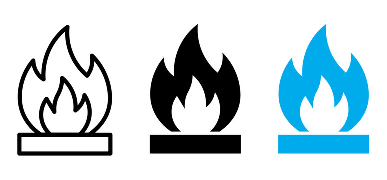Set of three fire flame icons in black outline solid black and bright blue color styles for web and app interface