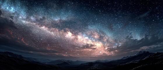 Fototapeta premium A majestic starry sky with the Milky Way arches over a dark mountain range, serving as a cosmic background for themes of astronomy and exploration.