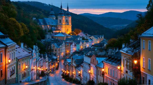Twilight Serenade: The Historic Mining Town of Bansk&aacute; &Scaron;tiavnica and Its Elegant Spires Nestled Within Misty Slovakian Hills at Blue Hour