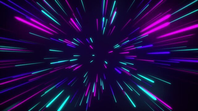 Space hyperdrive warp speed tunnel animation background with glowing neon pink and cyan light streaks flying forward in a seamless loop
