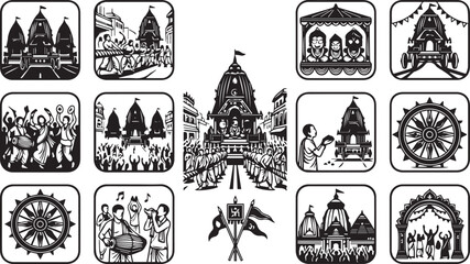 Obraz premium traditional Temple Icons, Hindu Cultural Symbols & Heritage Vector Illustration Set