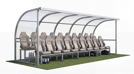 Fototapeta premium Empty soccer team dugout with bench seating under clear canopy on green field