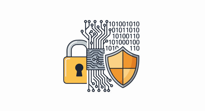 A digital illustration of a padlock, shield and circuit board with binary code