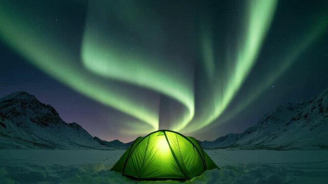 Bright green tent illuminated from inside under vibrant green and white northern lights in snowy mountain landscape at night sky