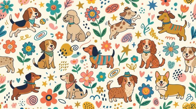 Cartoon dogs frolic among flowers & stars on a light background
