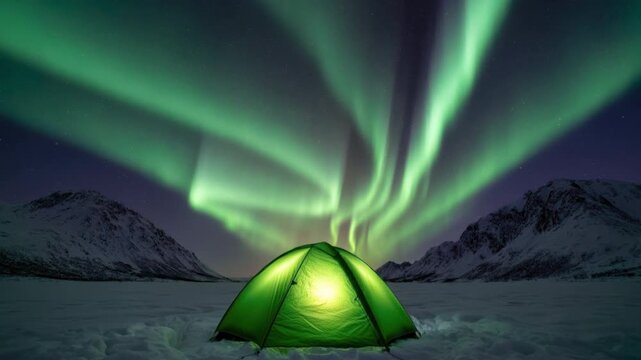 Glowing green tent under vibrant swirling northern lights sky in snowy mountain landscape during night camping adventure