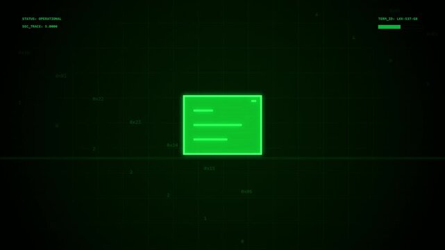 Glowing neon document icon on digital screen with data stream