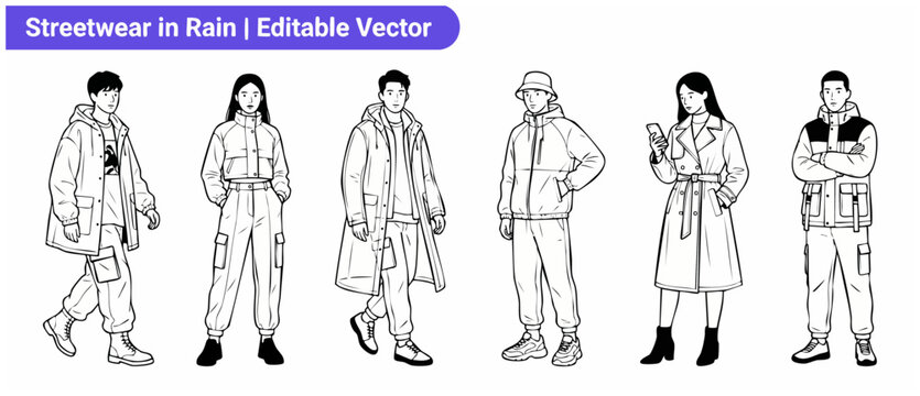 Rainwear fashion vector characters set posing in modern streetwear outfits wearing trendy rain coats, outerwear jackets, boots, and cargo pants for creative minimal urban apparel design.
