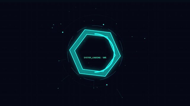 Glowing neon hexagon animation with digital particle effects on dark background