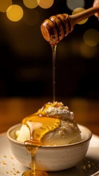 Delicious vanilla ice cream with honey drizzle in a cozy dessert setting with warm lighting