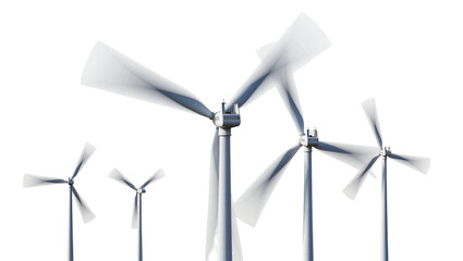 Multiple wind turbines with blurred blades, isolated on transparent background © Daniel